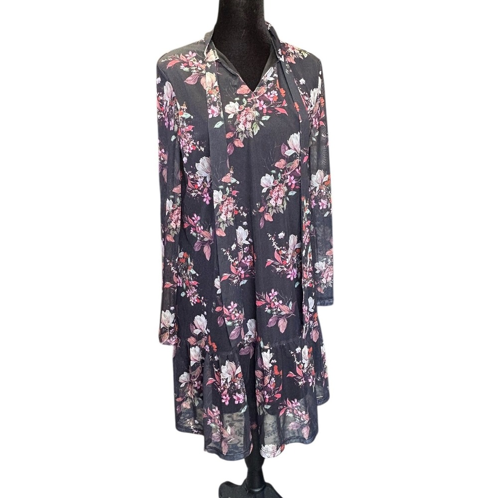 Mohito Floral Print Dress Ruffle Hem Black Sheer Long Sleeve Size Small